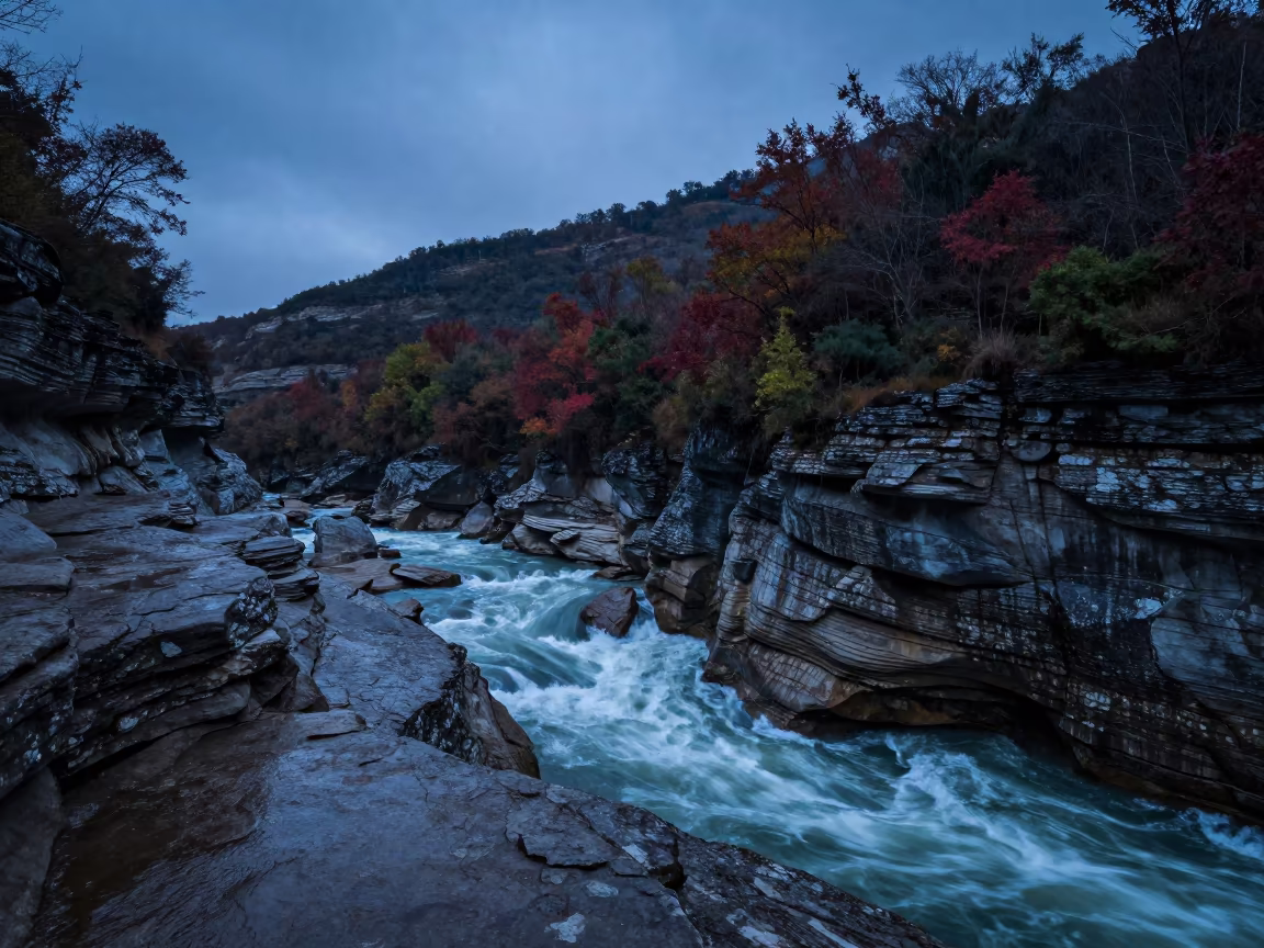 Indigo Twilight River Gorge Catalonia Ridge in from a ridge above layered foothills in Catalonia
