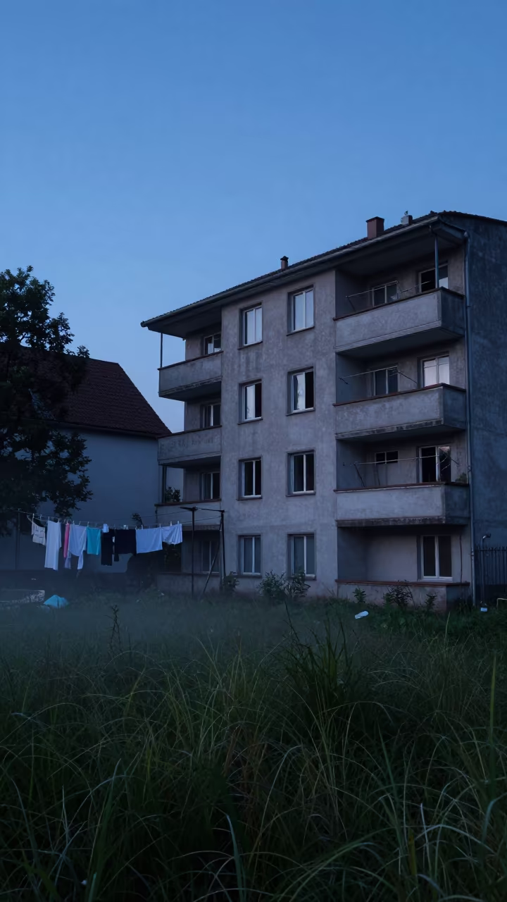 Indigo Twilight Ruin Laundry Lines Rhine Valley in through a courtyard reclaimed by grasses in the Rhine Valley