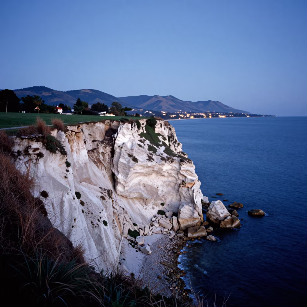Indigo Twilight Over Salvador Chalk Cliffs in from a ridge above layered foothills near Salvador