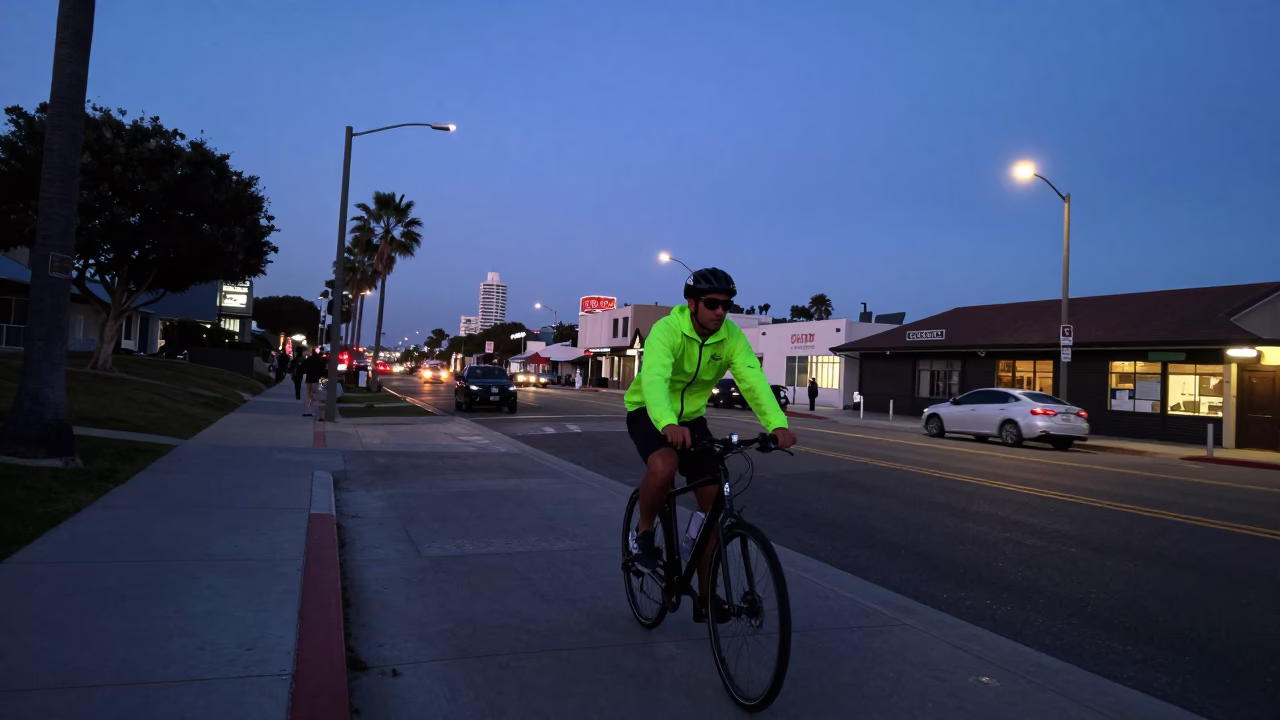 Indigo Twilight San Diego Street Scene with Cyclist and Local Market Vendors in in San Diego, California, United States