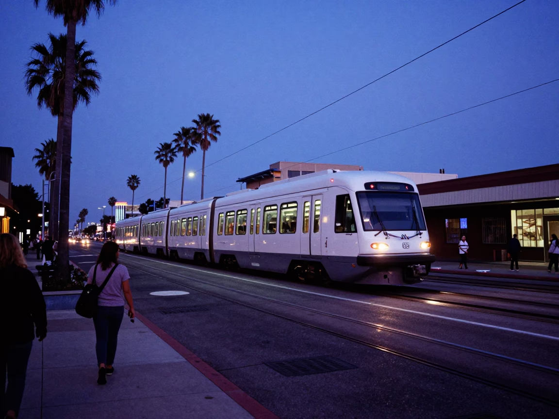 Indigo Twilight San Diego Street Scene with Monorail and Vibrant Zinnia Garden in in San Diego, California, United States