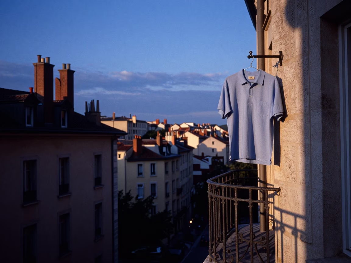 Indigo Twilight Scene in Lyon France with Shirt Hanger on Balcony in in Lyon, France