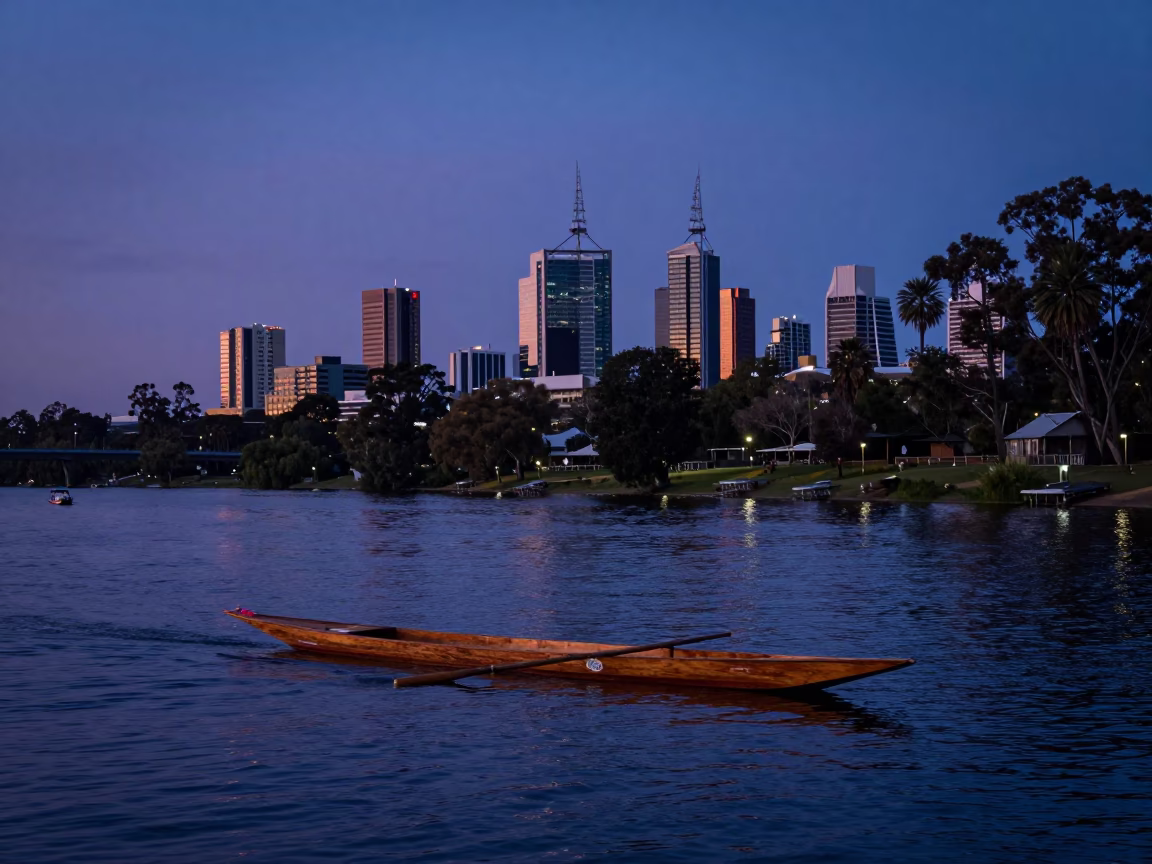 Indigo Twilight Scene of Adelaide River with Punt Poling Past University College Gardens in in Adelaide, South Australia, Australia