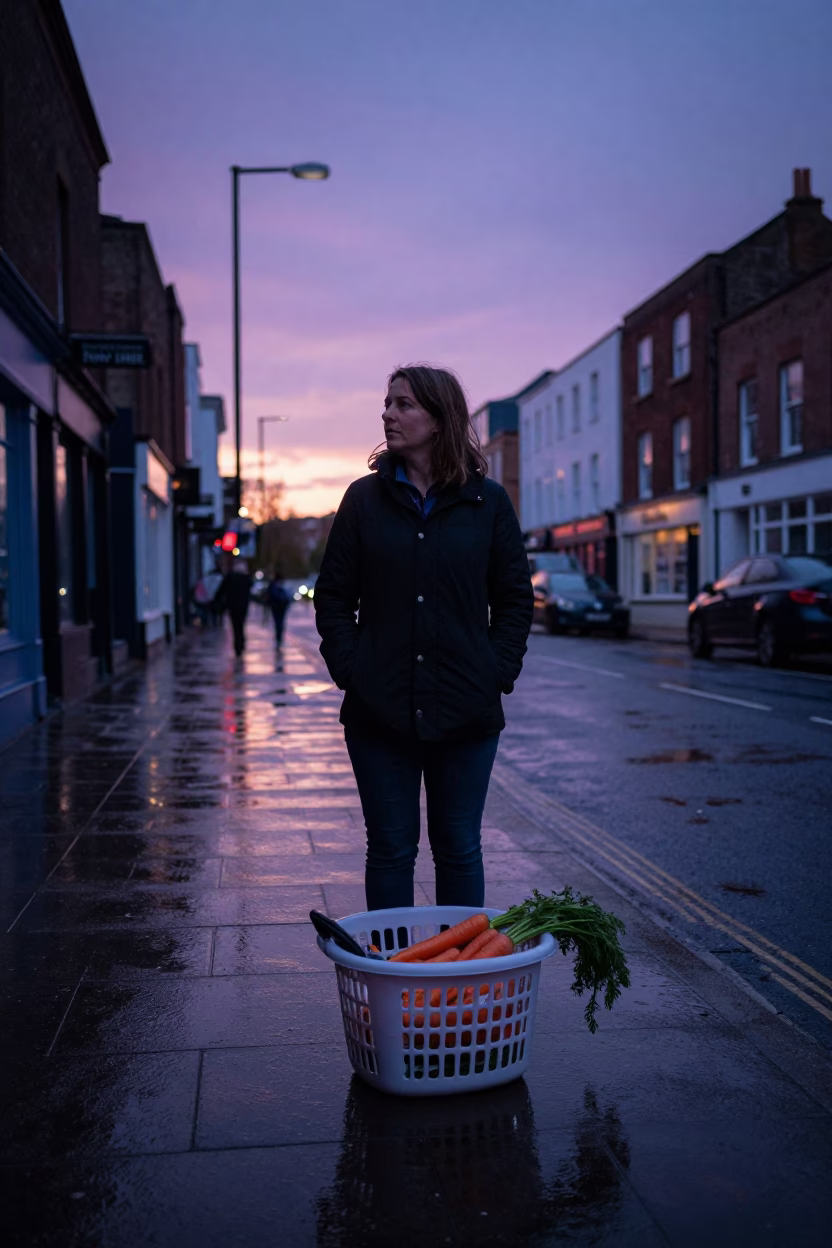 Indigo Twilight Scene on Bristol Street with Laundry Basket and Carrots in in Bristol, United Kingdom