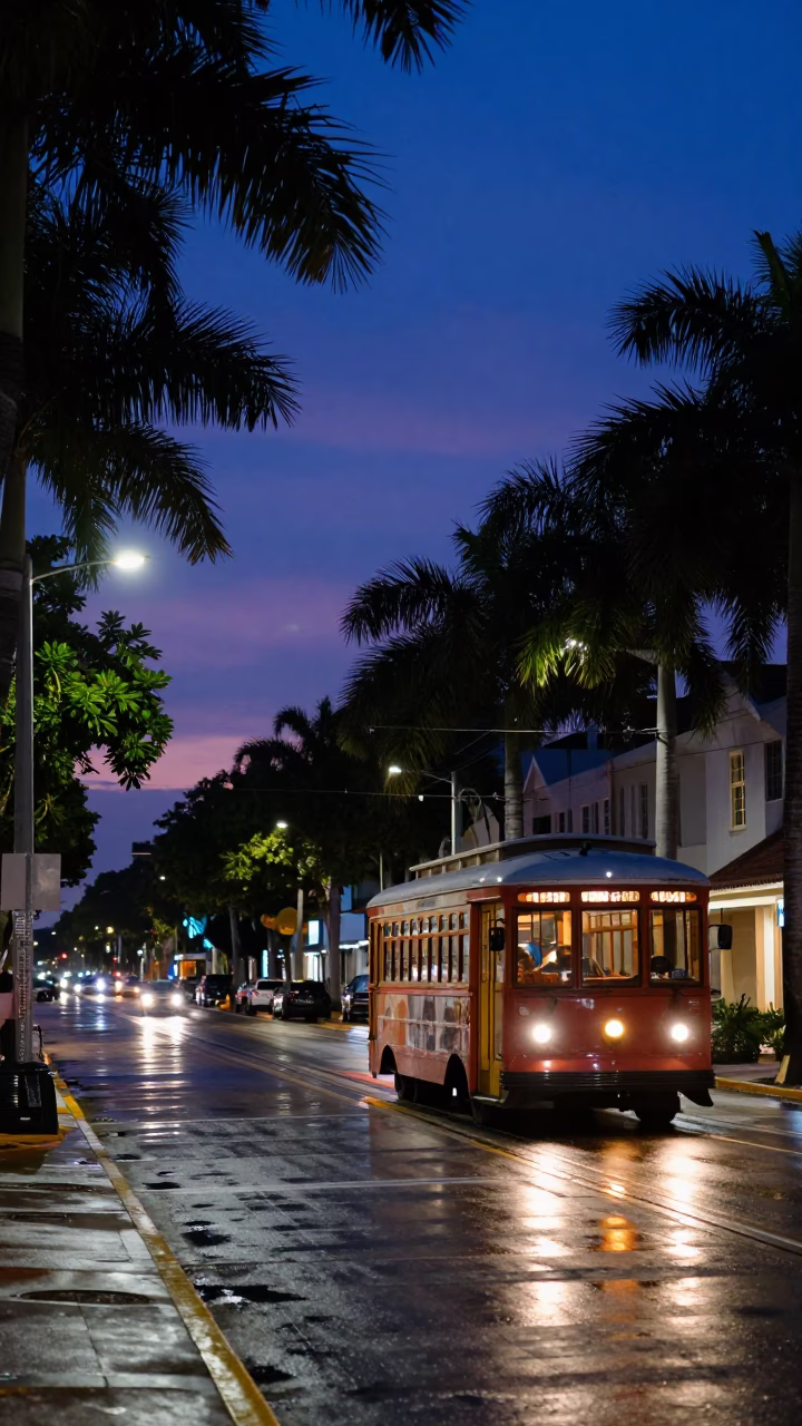 Indigo Twilight Scene on Miami Tree-Lined Avenue with Vintage Trolley Car in in Miami, Florida, United States