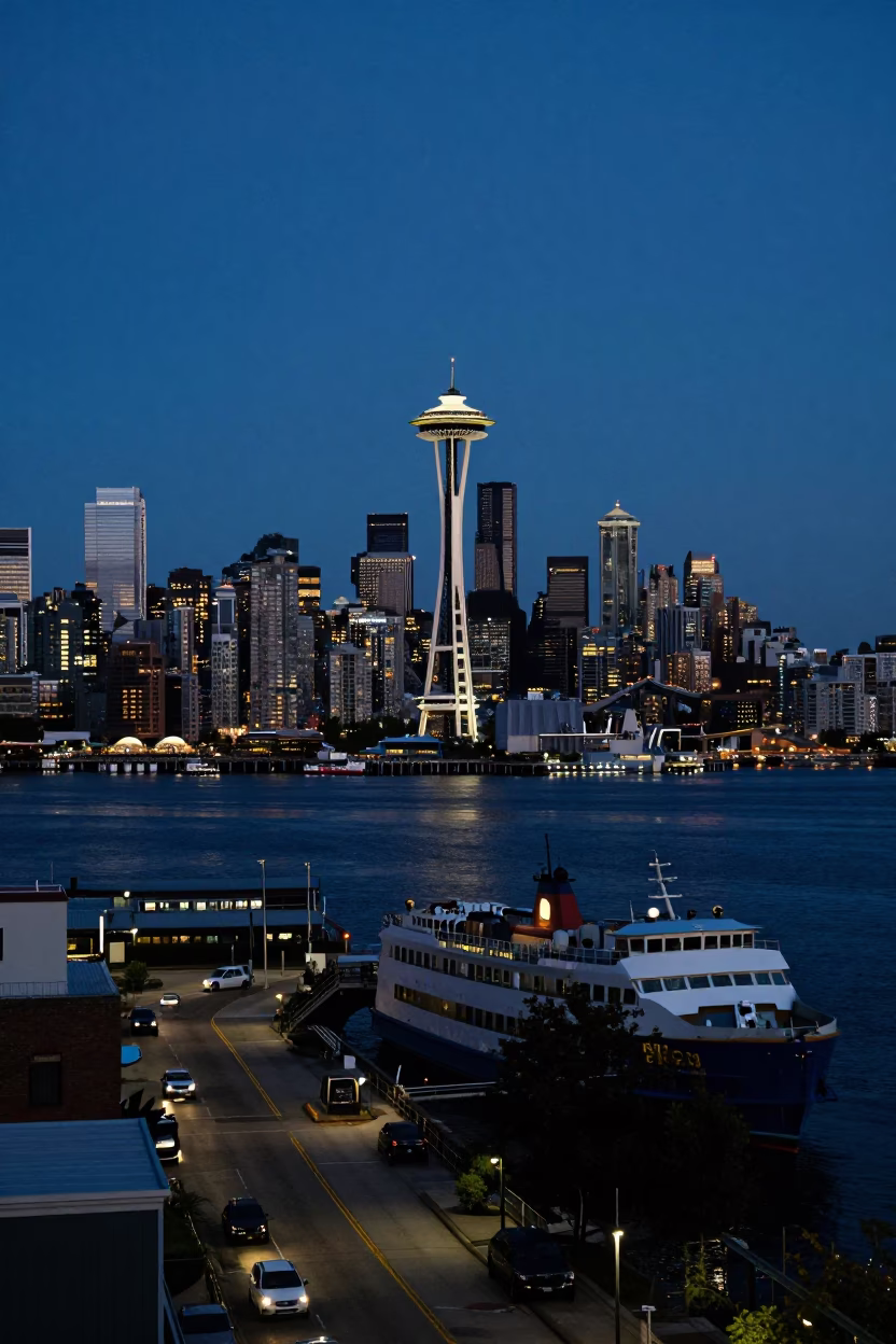 Indigo Twilight Seattle Skyline and Ferry with Urban Street Life in in Seattle, Washington, United States