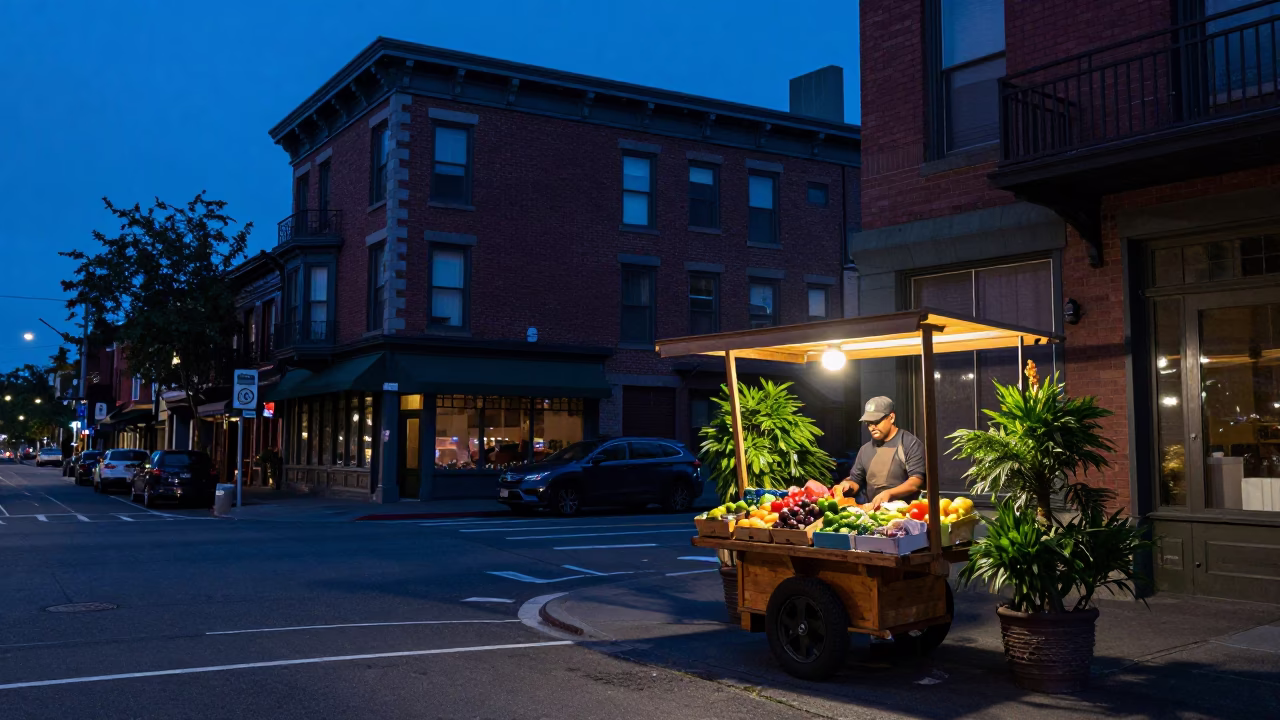 Indigo Twilight Seattle Street Scene with Houseplants and Glass Vase in 1950s Realistic Photography in in Seattle, Washington, United States