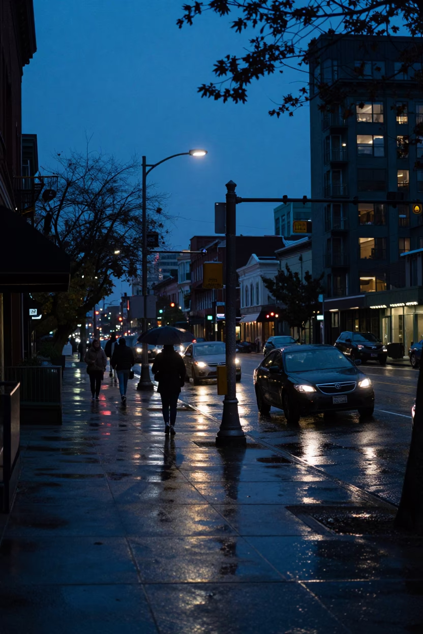 Indigo Twilight Seattle Street Scene with Rain-Slicked Pavement and Neon Reflections in in Seattle, Washington, United States