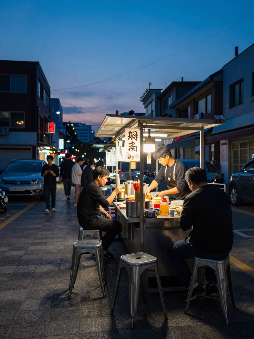 Indigo Twilight Seoul Street Scene with Metal Stools and Spicy Bibim Guksu in in Seoul, South Korea