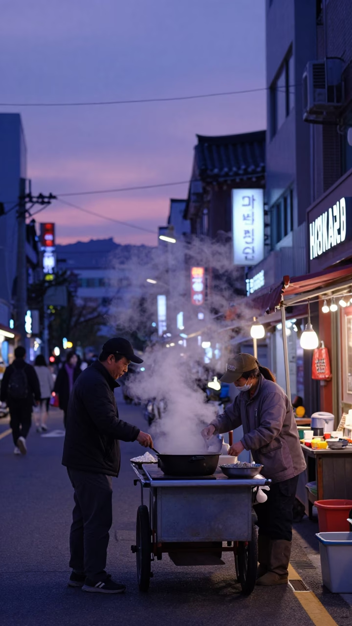 Indigo Twilight Seoul Street Scene with Steam Haze and Local Dining Atmosphere in in Seoul, South Korea