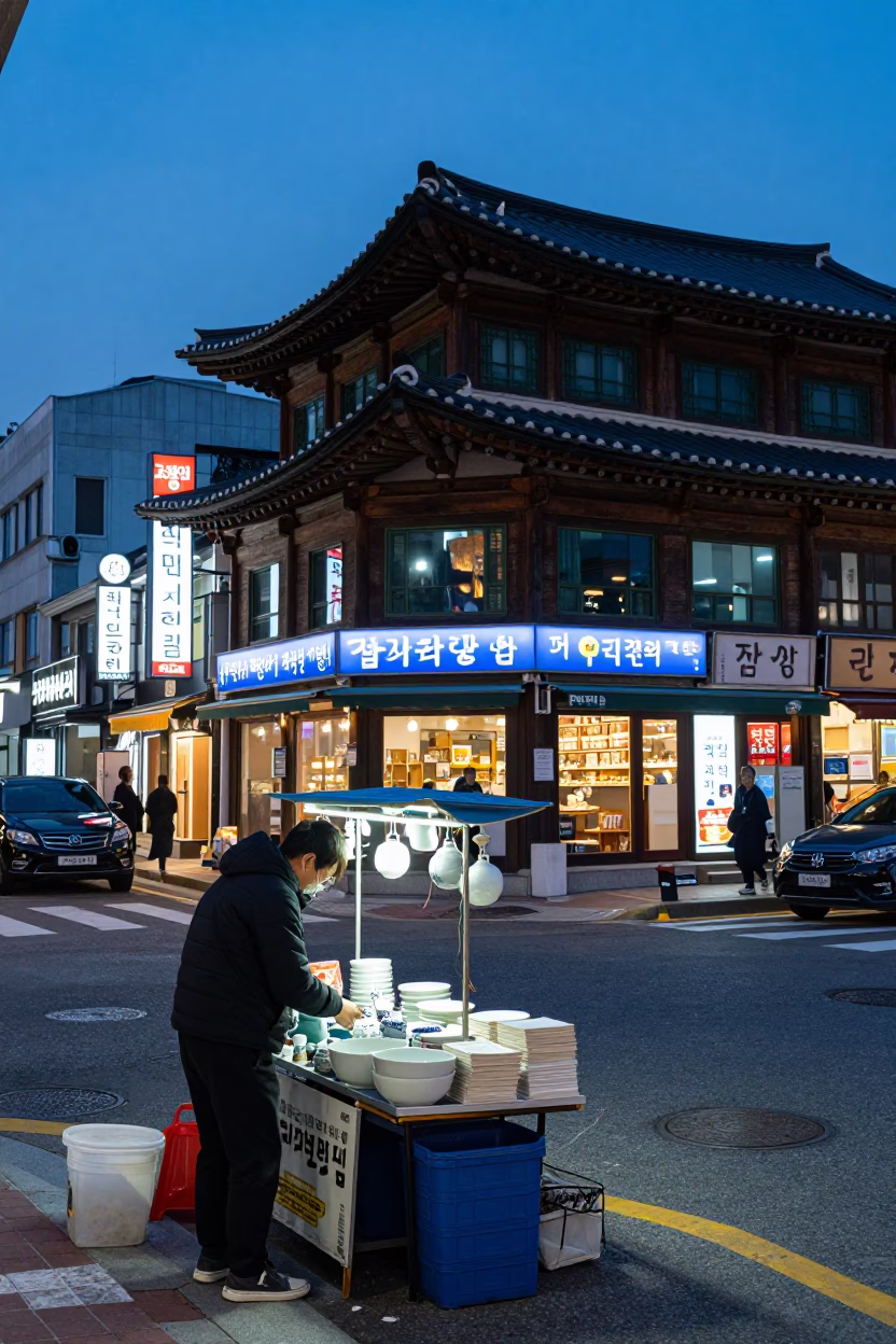 Indigo Twilight Seoul Street Scene with Traditional Porcelain and Modern Transit in in Seoul, South Korea