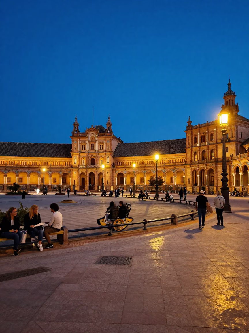 Indigo Twilight Seville Street Scene with Lemon Grove and Glass Tumbler in in Seville, Spain