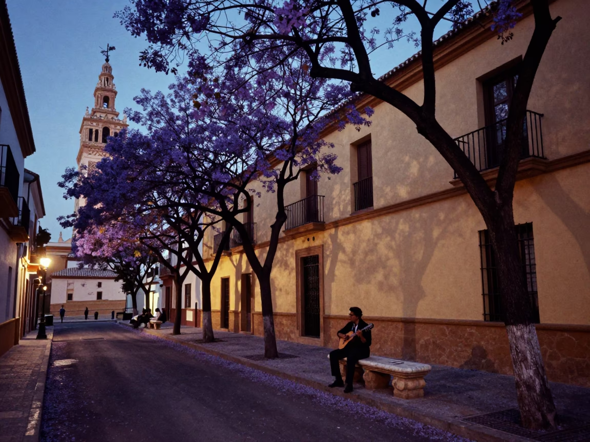 Indigo Twilight Seville Street Scene with Mandolin Player and Jacaranda Blooms in in Seville, Spain