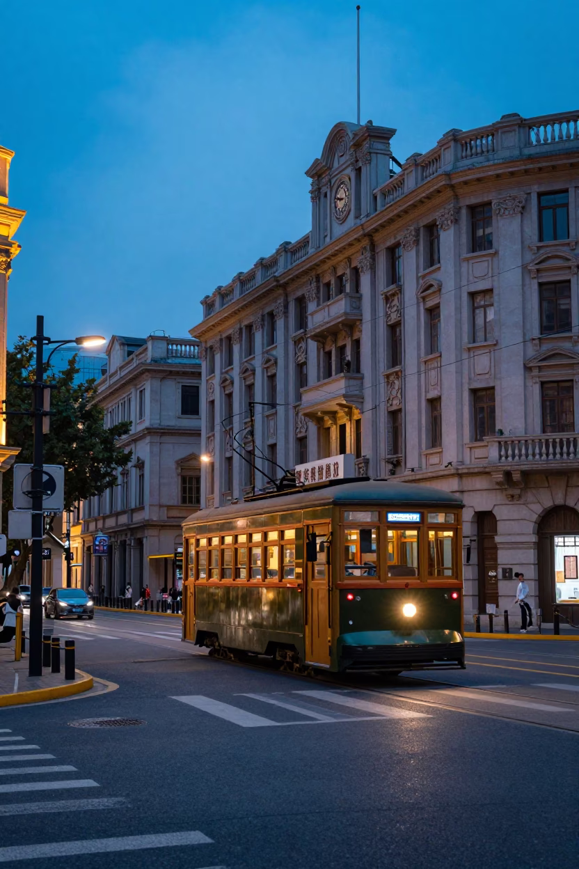 Indigo Twilight Shanghai Street Scene with Vintage Tram and Neon Reflections in in Shanghai, China