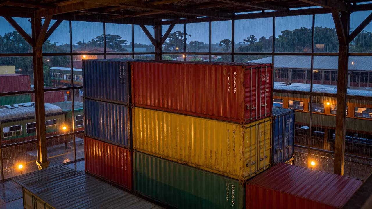 Indigo Twilight Shipping Containers Above Lobamba Terminal in inside a restored train terminal in Lobamba
