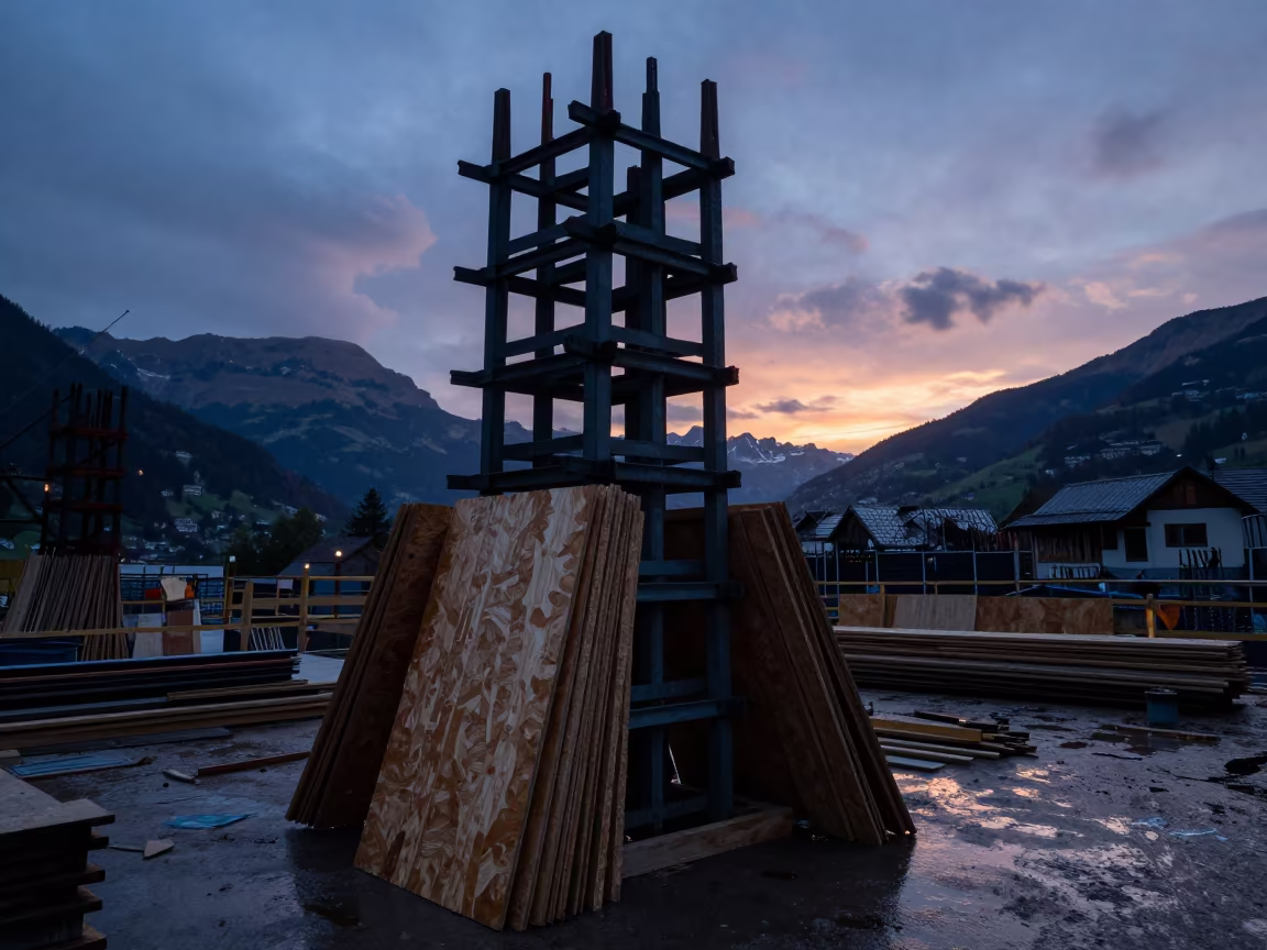 Indigo Twilight Shoring Jack Stack Silhouette in along a scaffolded facade in Switzerland