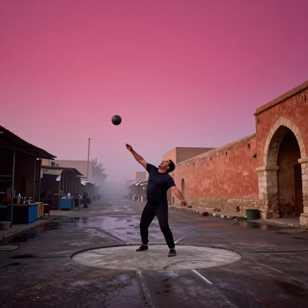 Indigo Twilight Shot Putter in Magenta Ksar in along a market lane in Ksar el-Kebir