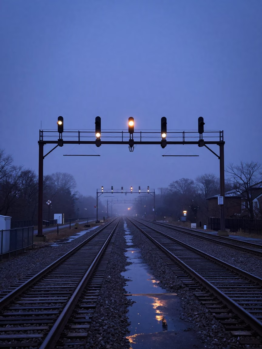 Indigo Twilight Signal Gantry Above Parallel Rail Lines in Philadelphia Pennsylvania in in Philadelphia, Pennsylvania, United States