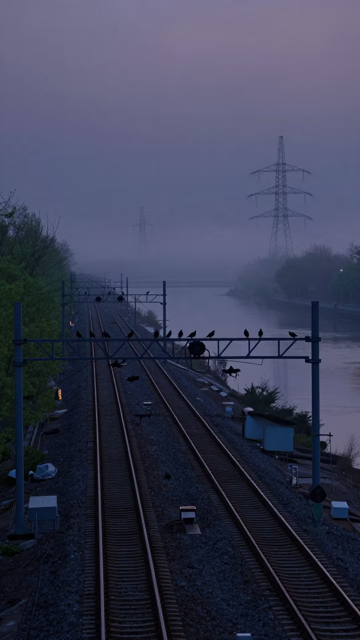 Indigo Twilight Signal Gantry Over Rails in beneath transmission towers in Aragon