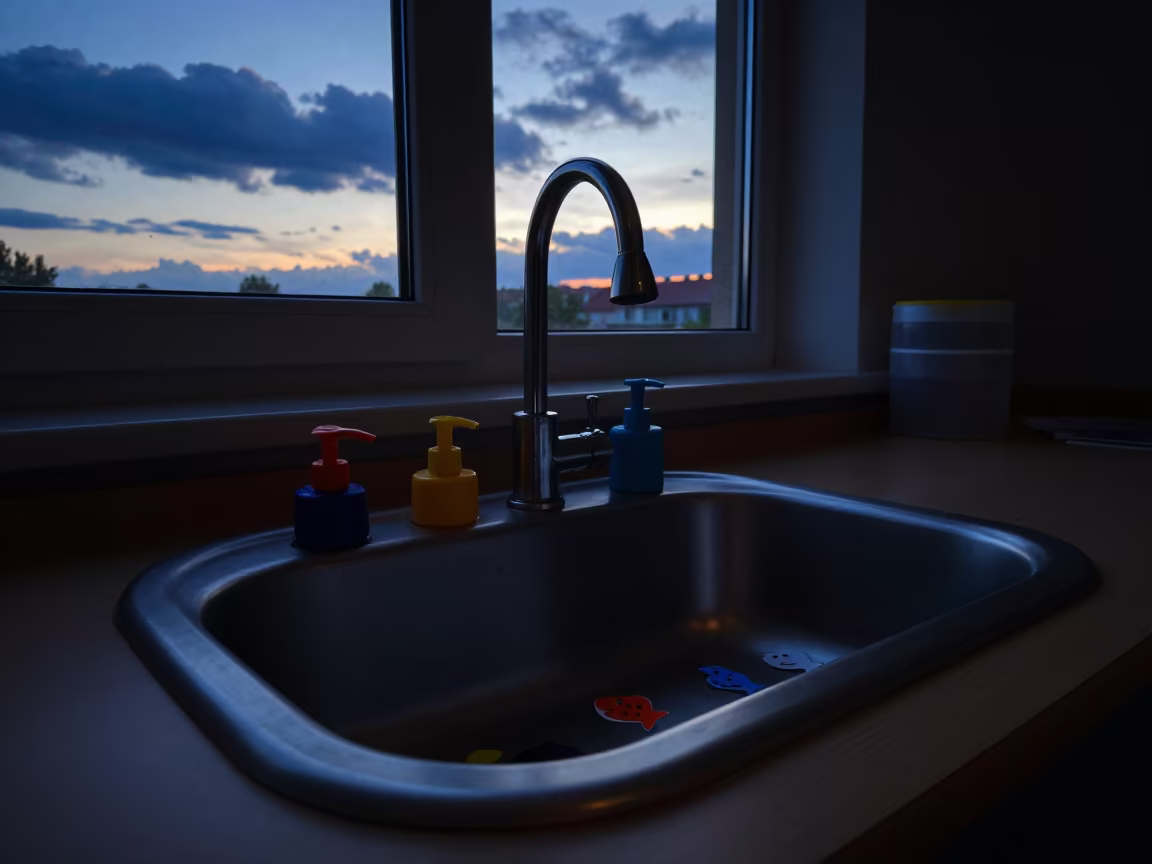 Indigo Twilight Sink with Tiny Soap Pumps and Paper Fish in inside an art classroom near Bytom
