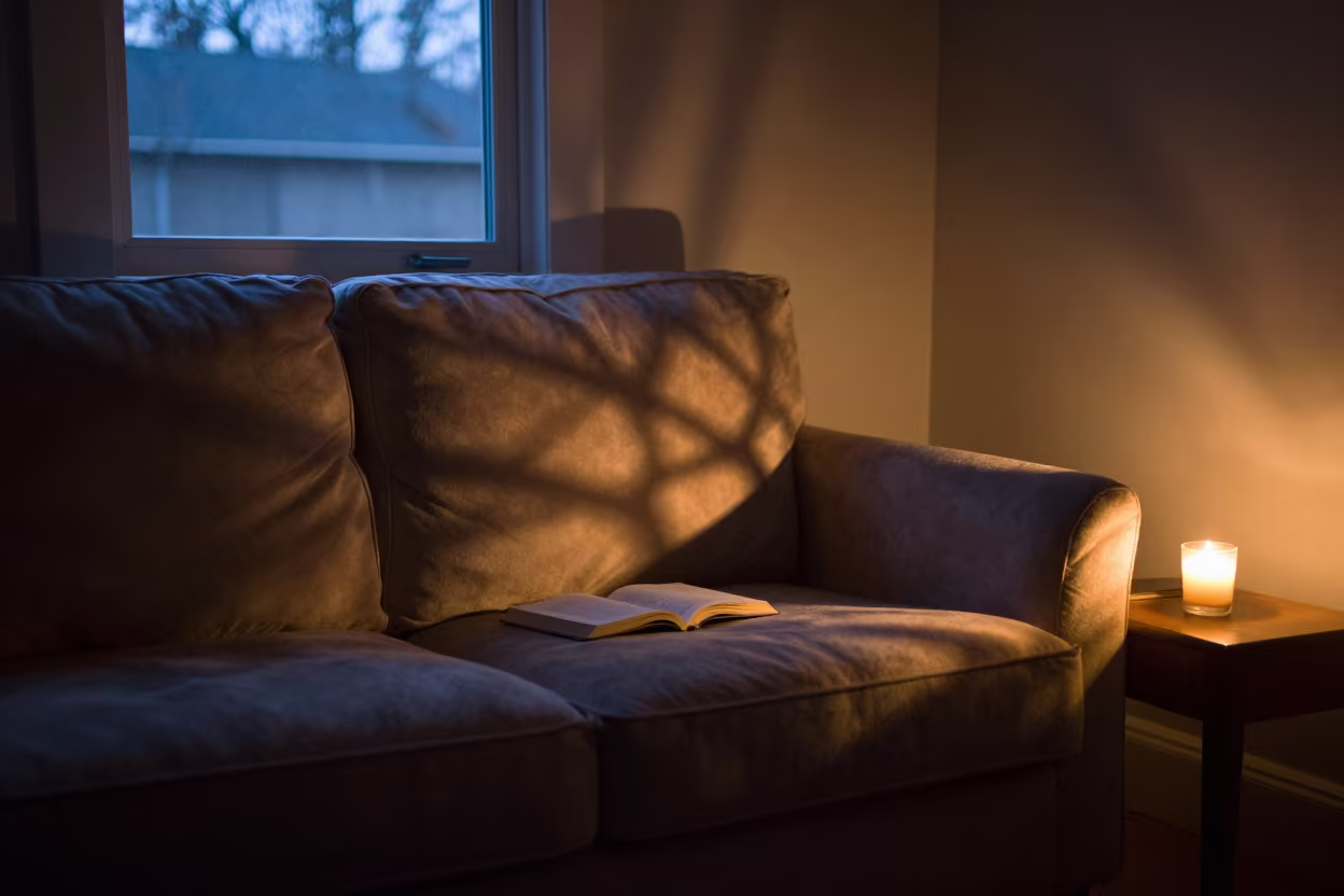 Indigo Twilight Sofa with Novel in Candlelit Bedroom in in a candlelit bedroom in Missoula