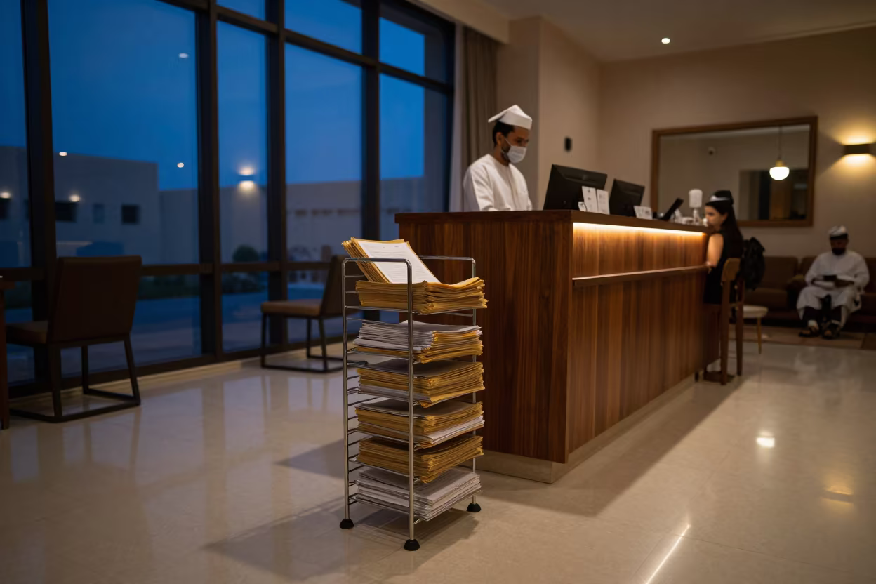 Indigo Twilight Spa Reception with Fee Folio Rack in inside a spa reception in Sanaa