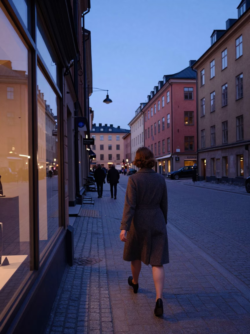 Indigo Twilight Stockholm Street Scene with Vintage 1960s Atmosphere and Urban Details in in Stockholm, Sweden