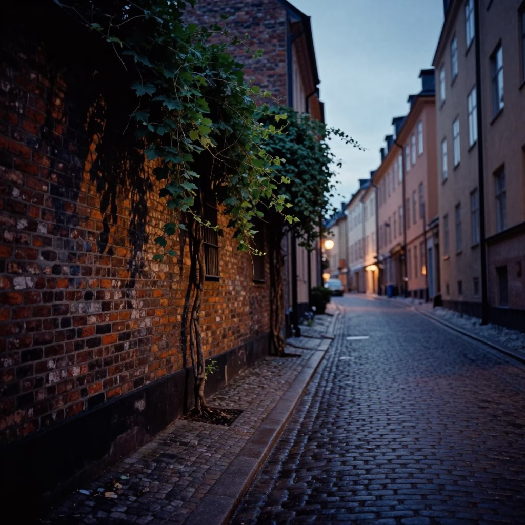 Indigo Twilight Stockholm Sweden Street Scene with Vine and Urban Architecture in in Stockholm, Sweden