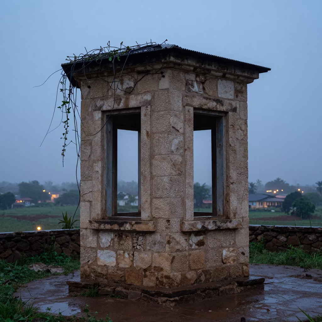 Indigo Twilight Stone Exchange Wires Vines Niger in among roofless stone chambers in Niger