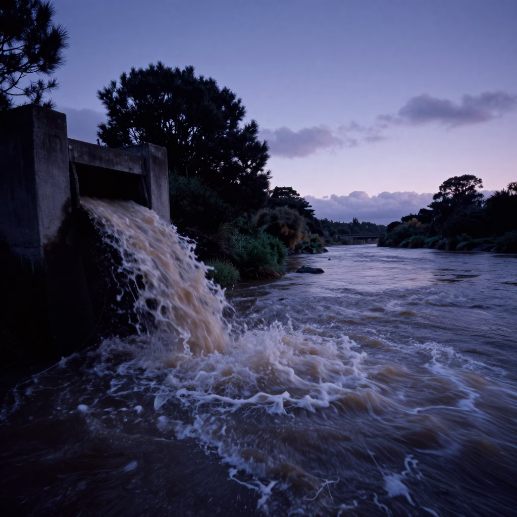 Indigo Twilight Storm Drain Outfall Pouring into Swollen River Wellington New Zealand in in Wellington, New Zealand