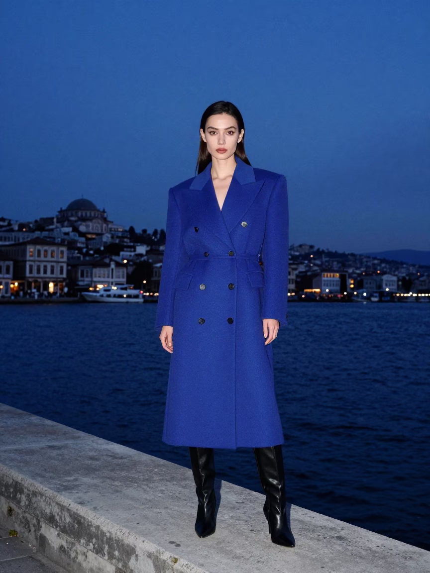 Indigo Twilight Street Fashion Portrait in Izmir Harbor with String Lights and Pilot Boat in in Izmir, Turkey