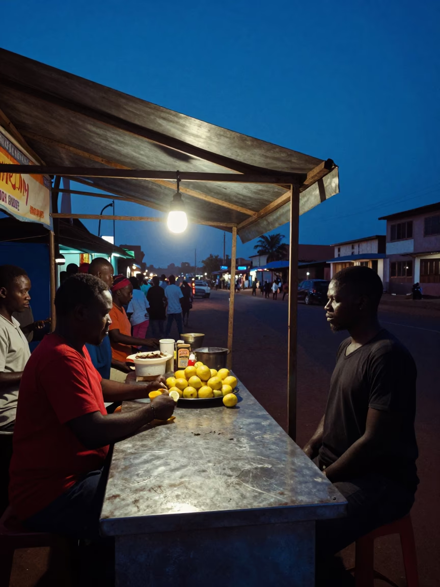 Indigo Twilight Street Food Scene in Accra Ghana with Lemons and Rusty Countertop in in Accra, Ghana