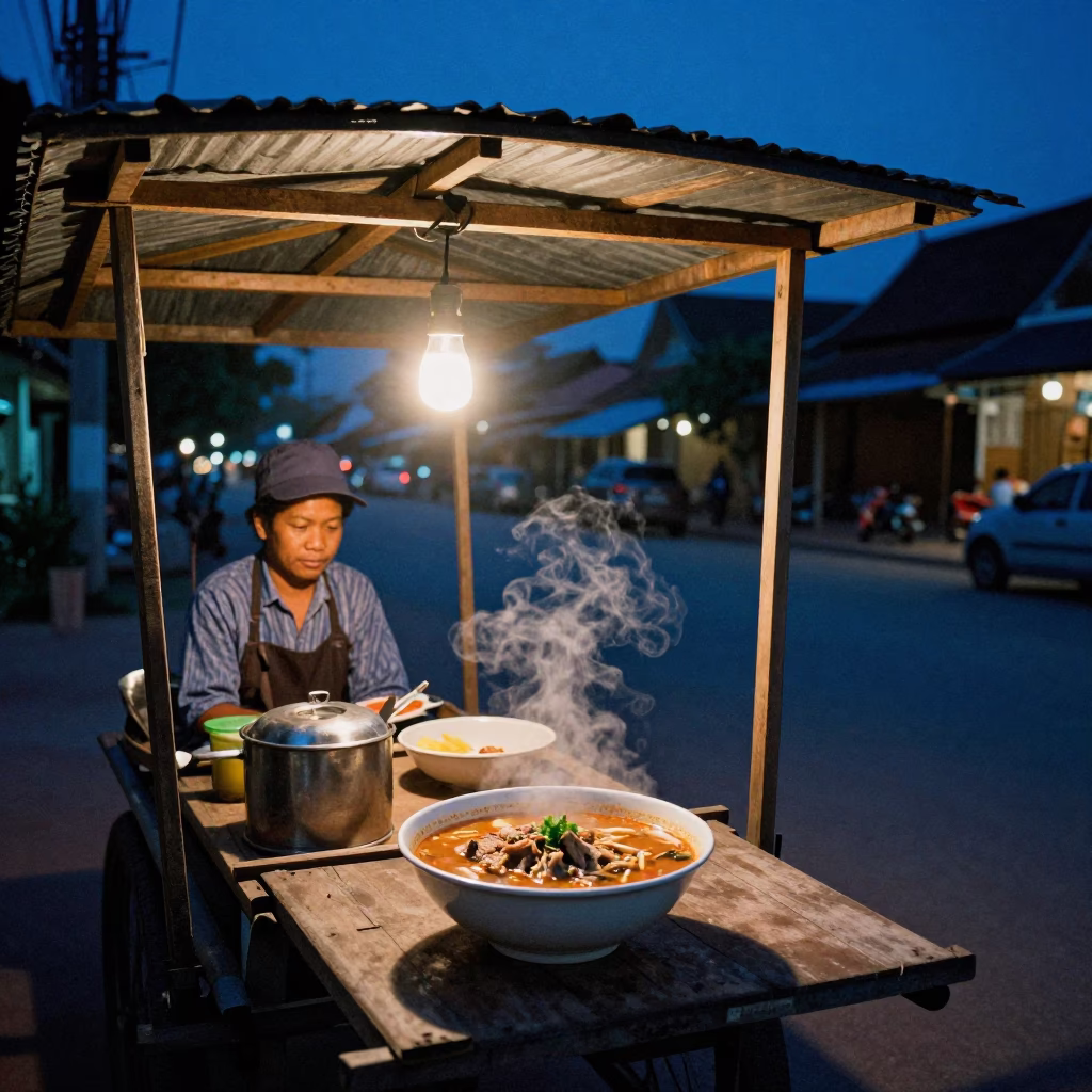 Indigo Twilight Street Food Scene with Pepper Soup in Luang Prabang Laos in in Luang Prabang, Laos