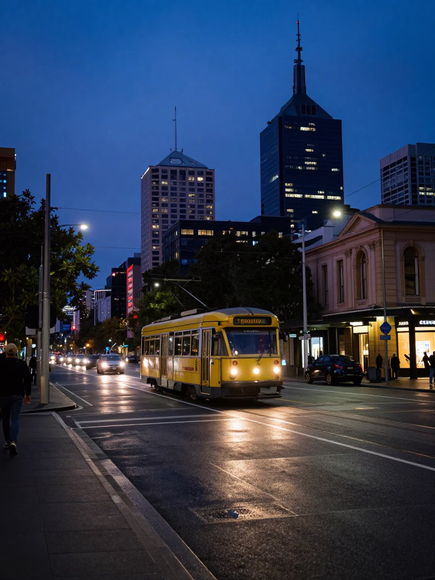 Indigo Twilight Street Photography of Melbourne Victoria Australia Tramcar and Urban Architecture in in Melbourne, Victoria, Australia
