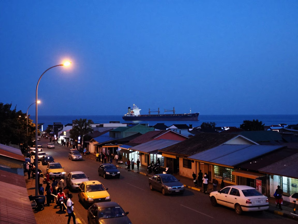 Indigo Twilight Street Scene in Accra Ghana with Cargo Ship Horizon in in Accra, Ghana