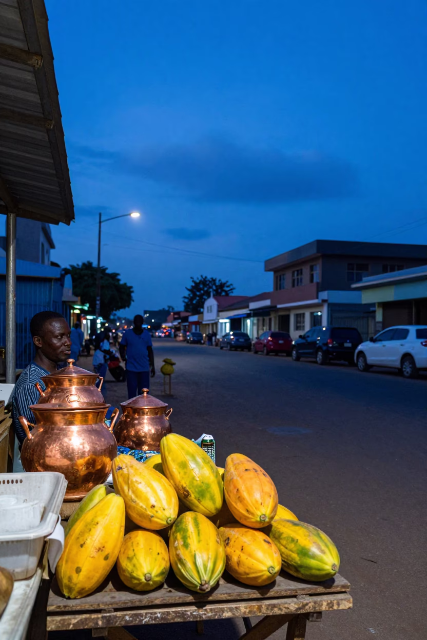 Indigo Twilight Street Scene in Accra Ghana with Copper Pots and Papayas in in Accra, Ghana