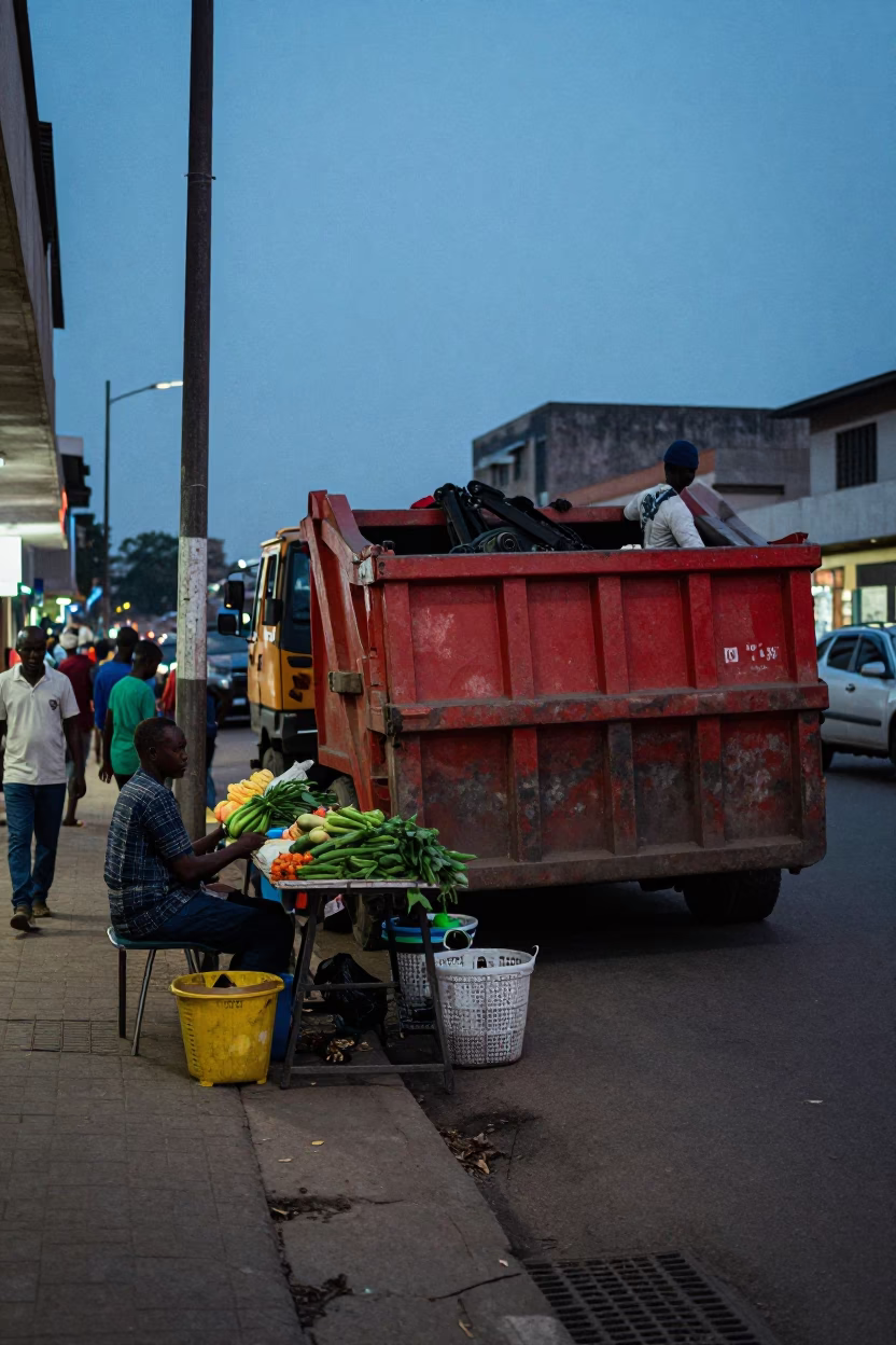 Indigo Twilight Street Scene in Accra Ghana with Demolition Dumpster and Storefront in in Accra, Ghana