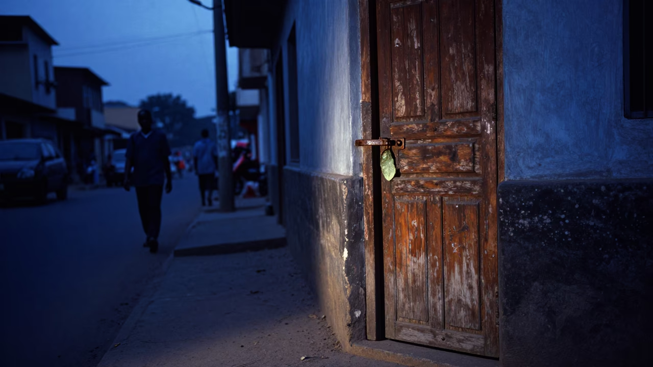 Indigo Twilight Street Scene in Accra Ghana with Latch and Leaf Shadows in in Accra, Ghana