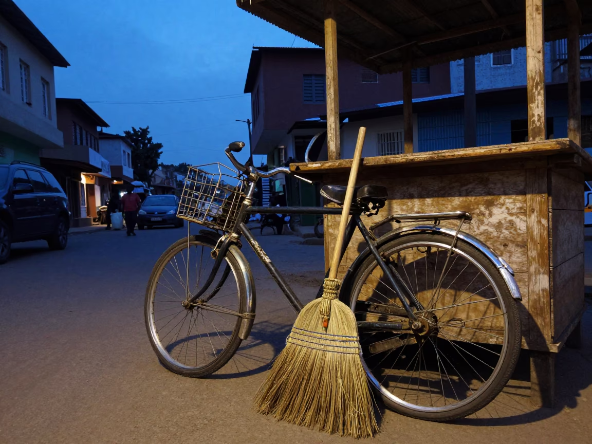 Indigo Twilight Street Scene in Accra Ghana With Vintage Bicycle And Hand Broom in in Accra, Ghana