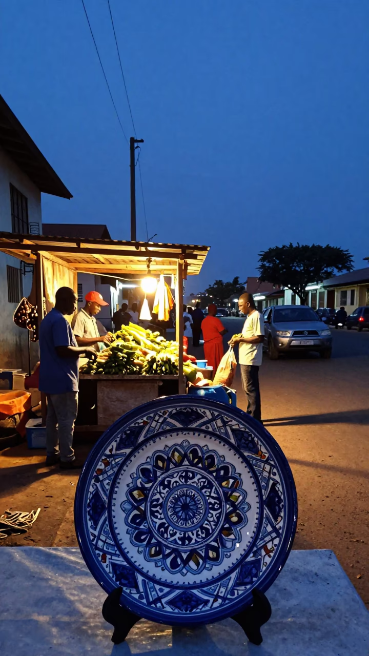 Indigo Twilight Street Scene in Accra Ghana with Vintage Majolica Plate and Fern Fronds in in Accra, Ghana