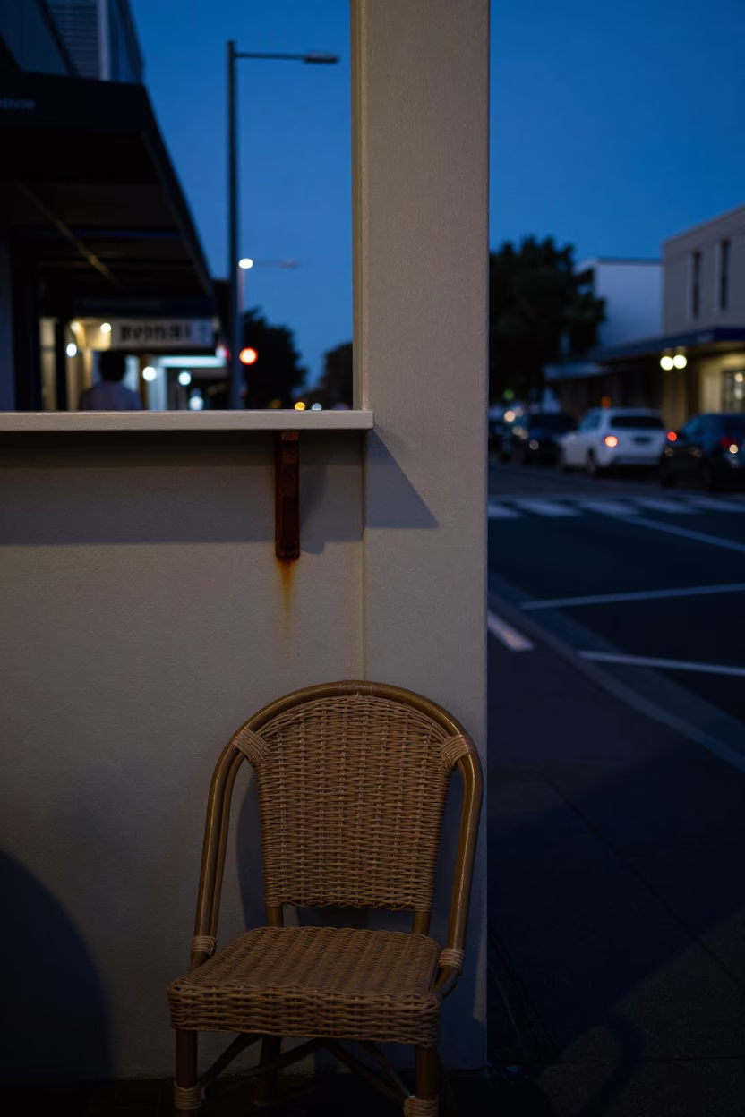 Indigo Twilight Street Scene in Adelaide South Australia with Rattan Chair and Urban Details in in Adelaide, South Australia, Australia