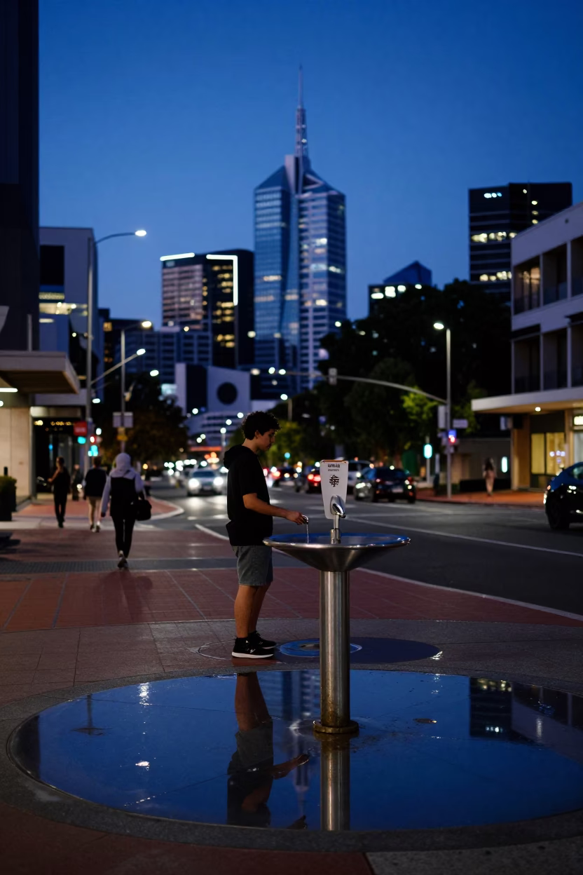 Indigo Twilight Street Scene in Adelaide South Australia with Shallow Steel Reflection in in Adelaide, South Australia, Australia