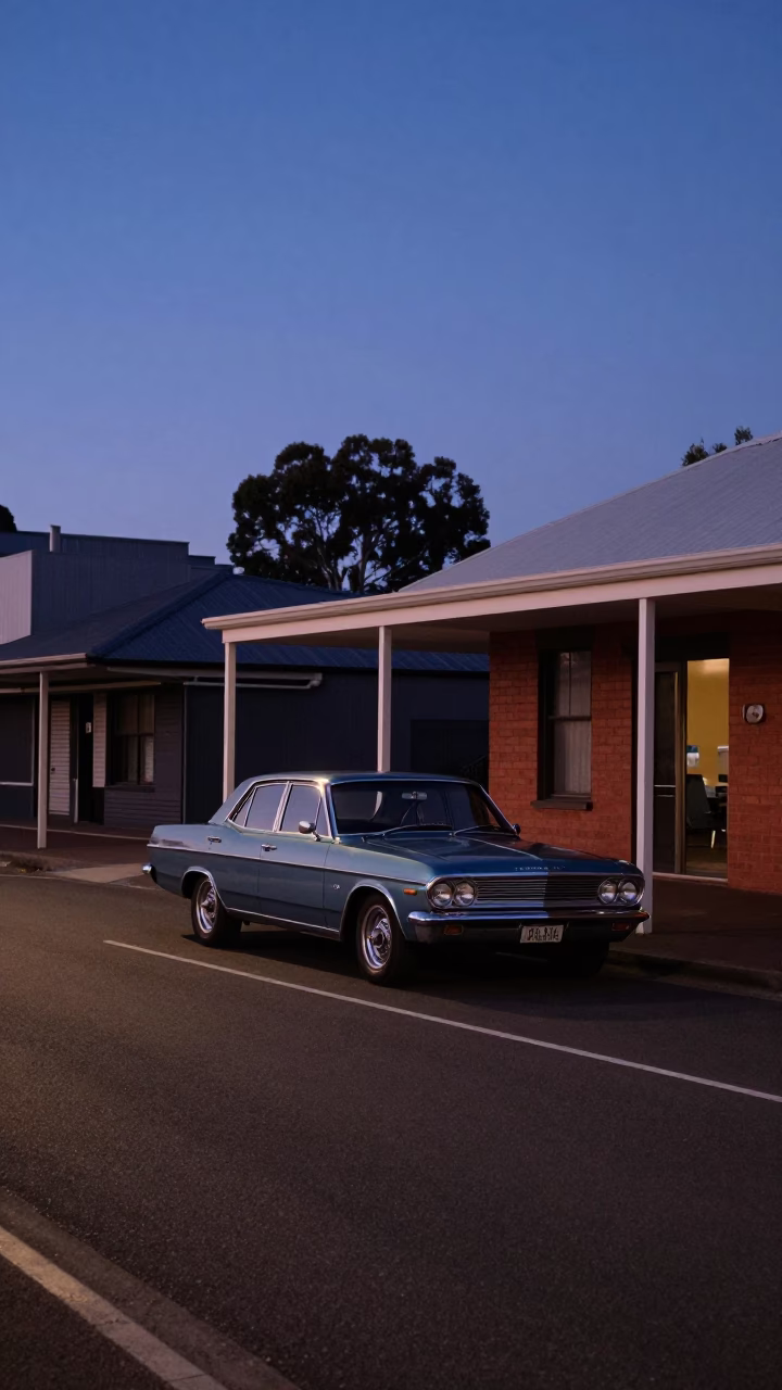 Indigo Twilight Street Scene in Adelaide South Australia with Vintage Car and Urban Architecture in in Adelaide, South Australia, Australia