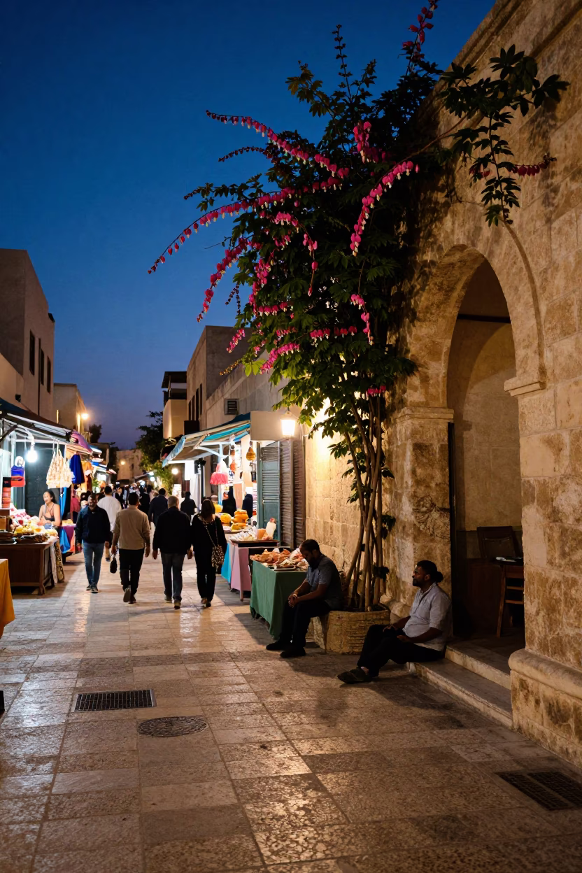Indigo Twilight Street Scene in Alexandria Egypt with Bleeding Heart Vine and Local Life in in Alexandria, Egypt