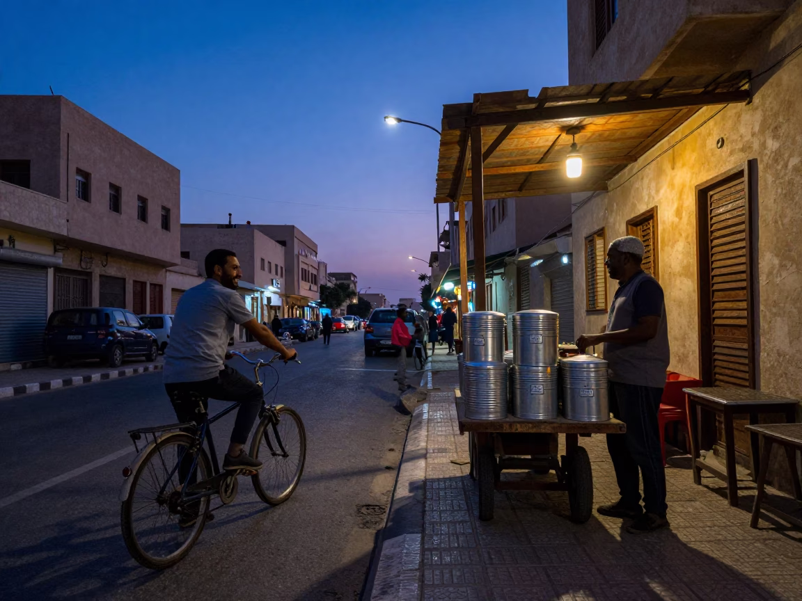 Indigo Twilight Street Scene in Alexandria Egypt with Cyclist and Storage Tins in in Alexandria, Egypt