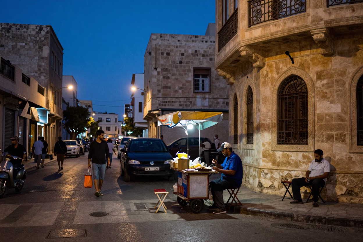 Indigo Twilight Street Scene in Alexandria Egypt with Folding Stools and Dates in in Alexandria, Egypt