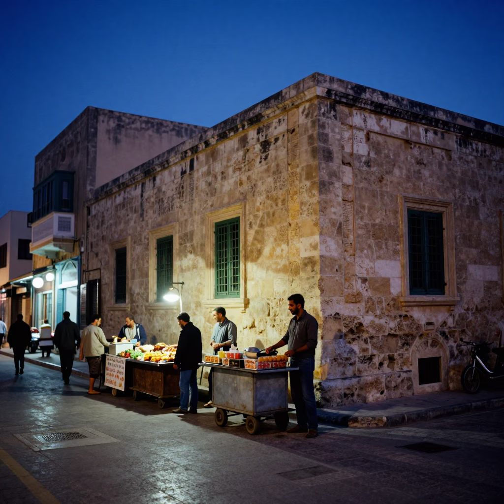 Indigo Twilight Street Scene in Alexandria Egypt with Local Food and Architecture in in Alexandria, Egypt