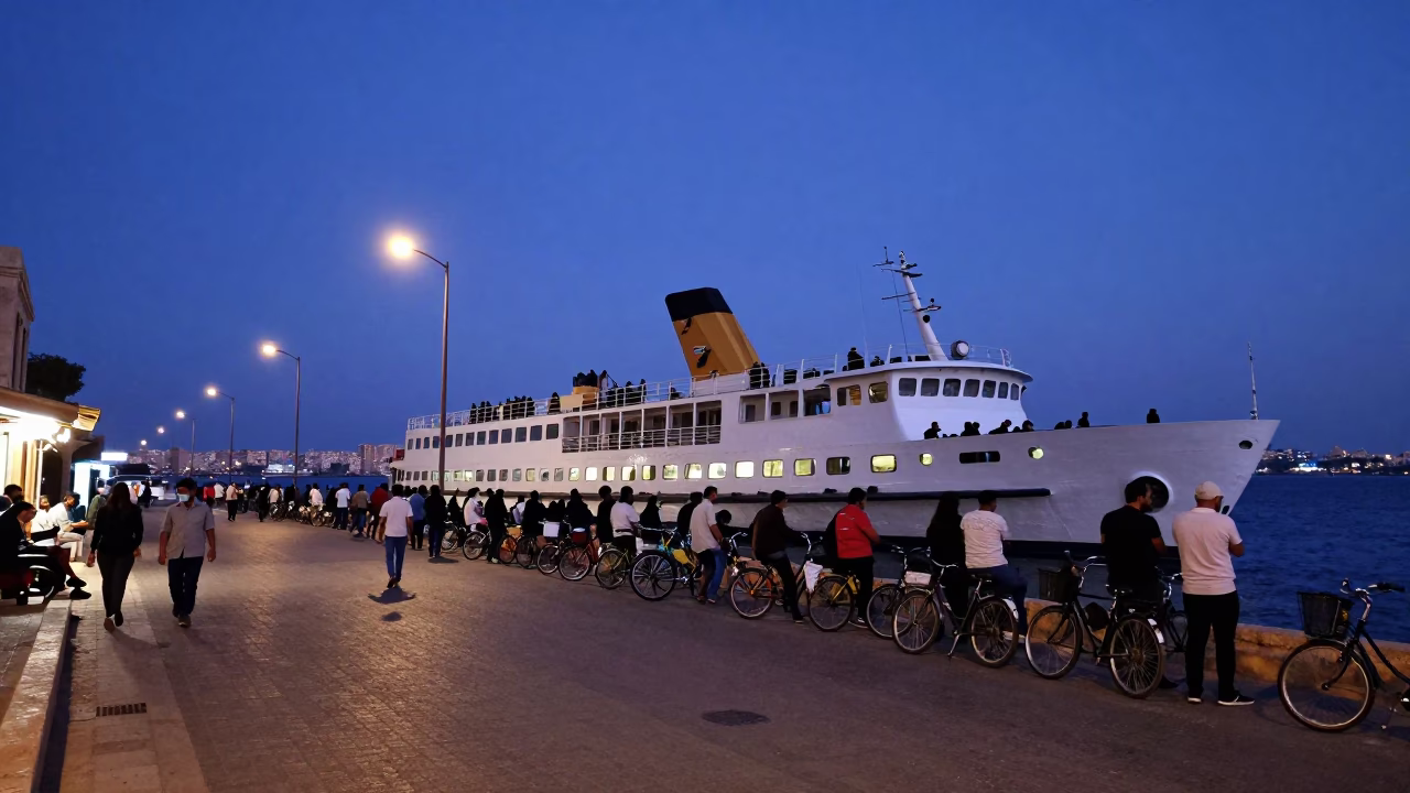 Indigo Twilight Street Scene in Alexandria Egypt with Local Life and Maritime Elements in in Alexandria, Egypt