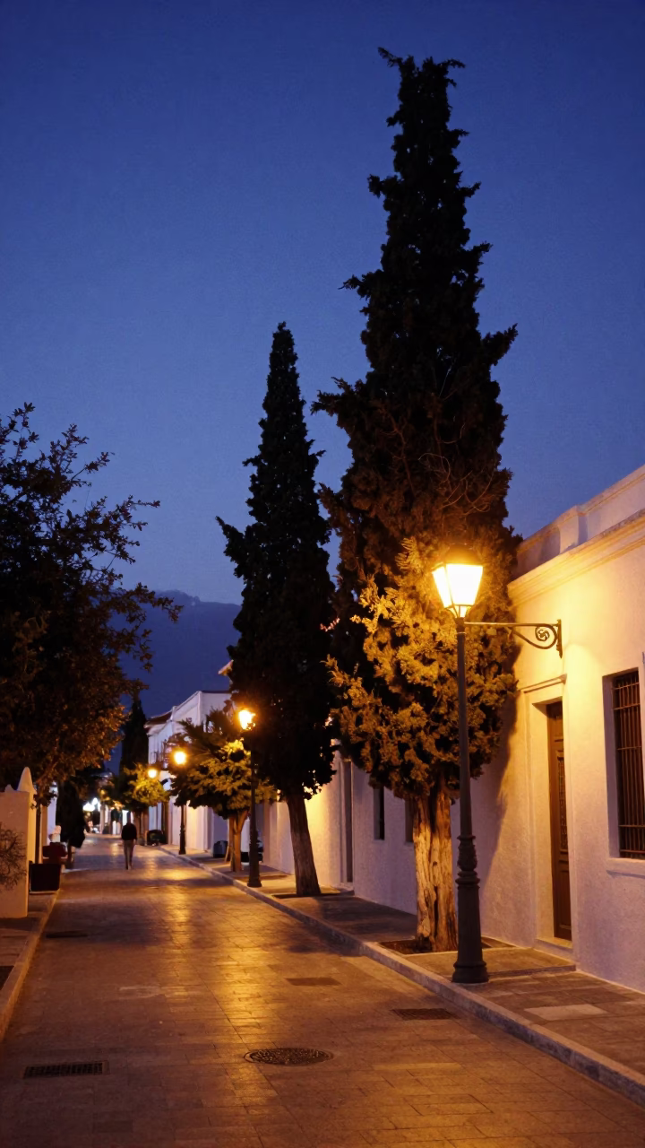 Indigo Twilight Street Scene in Athens Greece with Cypress Trees and Traditional Architecture in in Athens, Greece