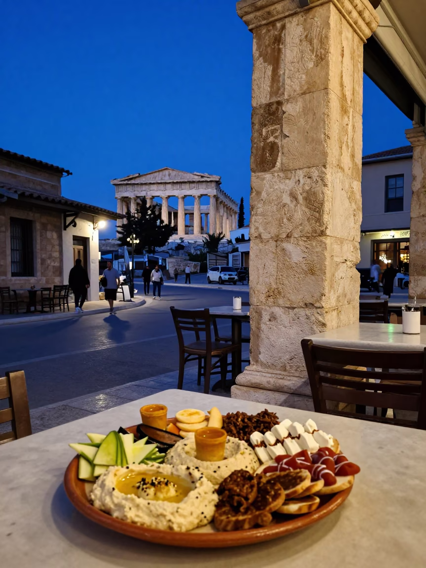 Indigo Twilight Street Scene in Athens Greece with Mezze Platter and Urban Architecture in in Athens, Greece